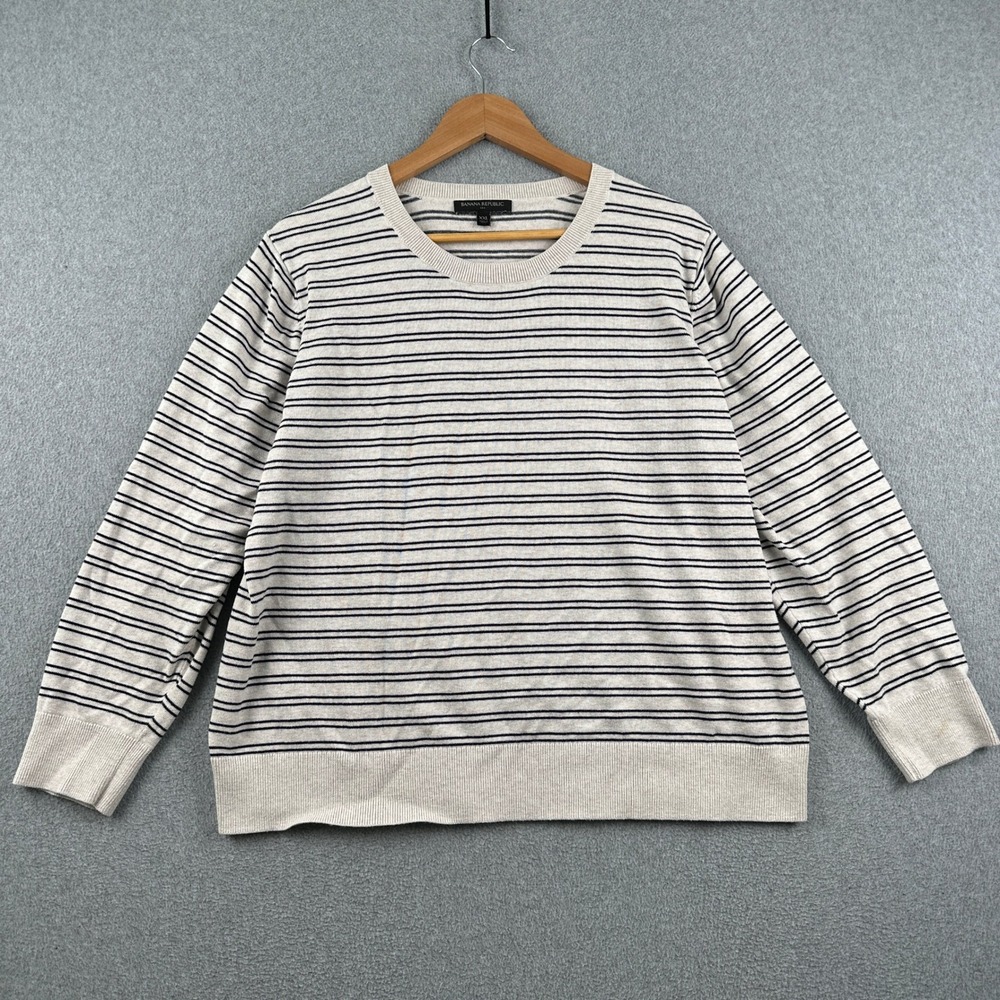Banana Republic Sweater Womens XXL Striped Cream Navy Blue Cotton Rayon